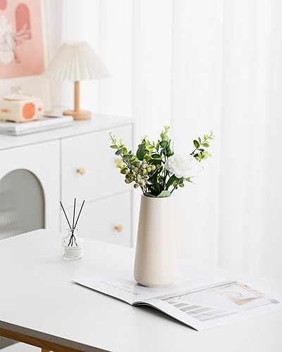 Miniatura 6 de Jarrón de cerámica beige  Florero neutro de 8 pulgadas para decoración del hogar, jarrón bohemio blanco roto, jarrones crema para flores, jarrones