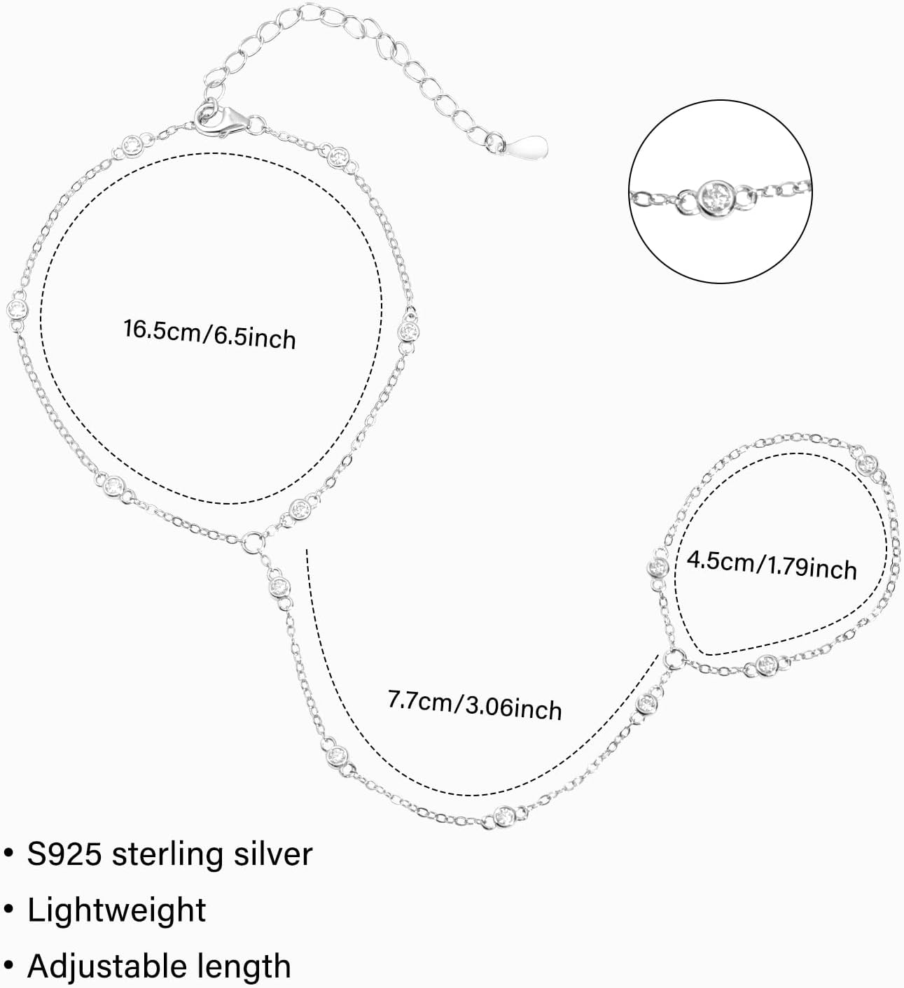 Hand Chain Bracelet for Women: 925 Sterling Silver 0.72ct Moissanite Dainty Bracelet with Finger Ring Adjustable Gift for Anniversary Birthday Wedding - Image 5