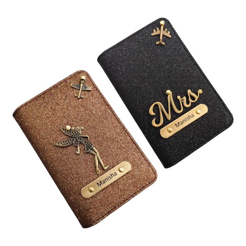 Image of Personalised Glitered Name Passport Cover Combo Pack| Combo Pack of 2 | Passport Cover for Womens and Girls| Gift Pack|Travel Assessories Brown & Black