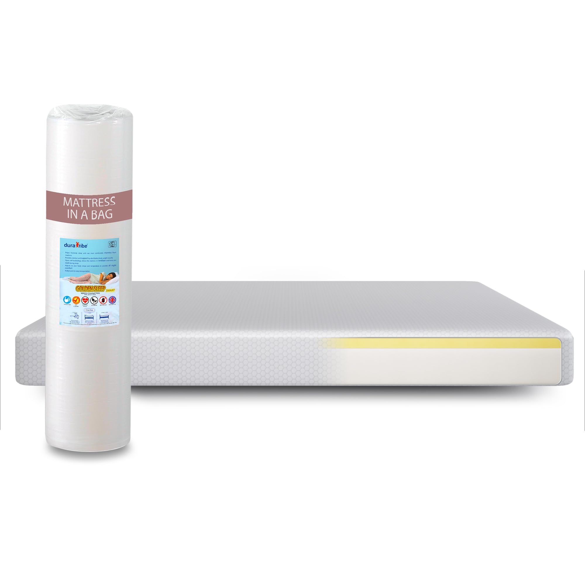 DURA TRIBE GoldenSleep Smart EU Double Orthopaedic Mattress, UK Made – Firm Support Memory Foam Mattress with Removable Cover, Hypoallergenic, Breathable, Easy setup – EU Double (140 x 200 cm)