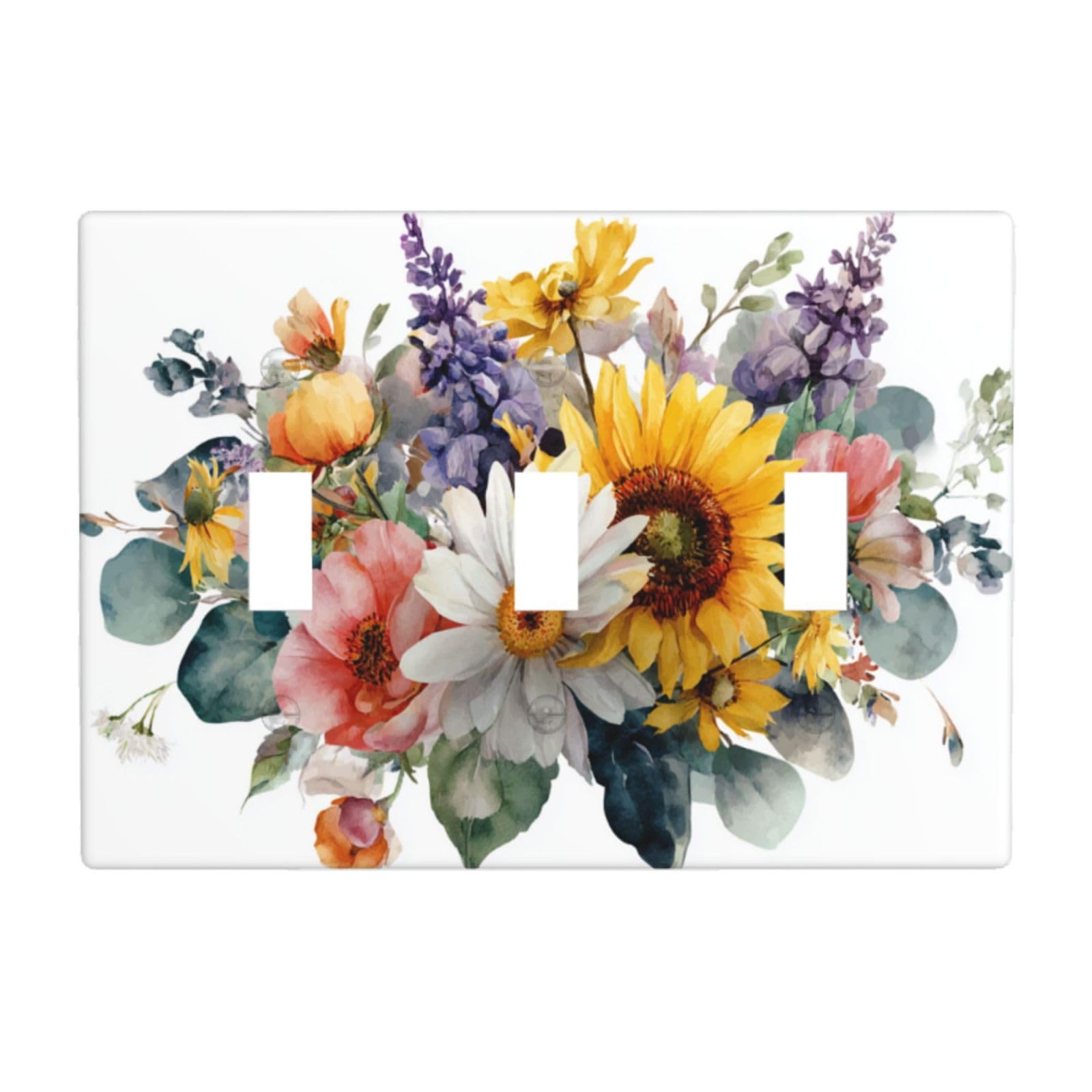 Woshuwo White Watercolor Floral Bouquet Lavender Sunflowers Light Switch Covers 3 Gang Triple Toggle Wall Plate Switchplate Electrical Faceplate For Bathroom Kitchen Bedroom Decor