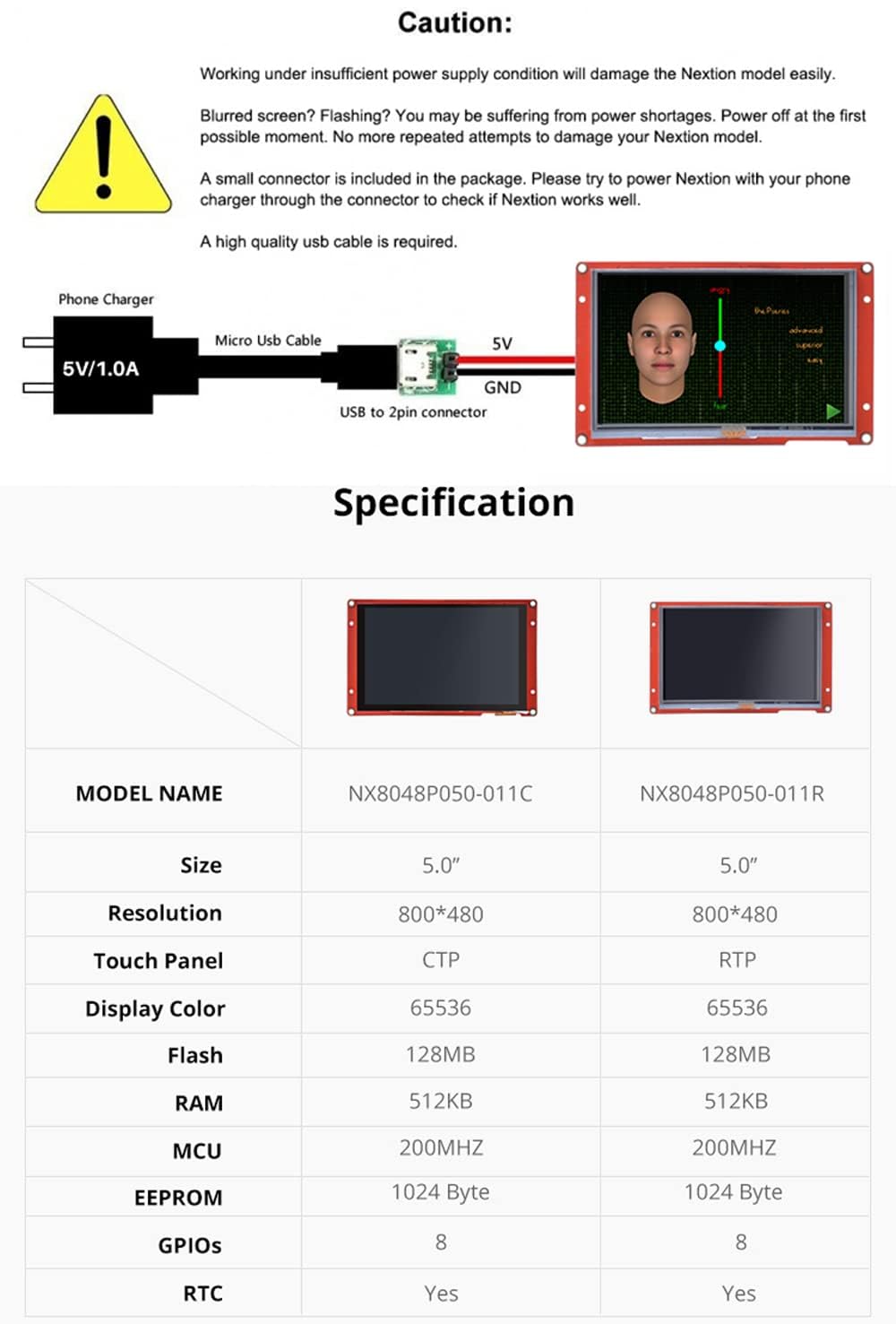 Digitalkey Display Nextion NX8048P050-011R Écran tactile résistif 5 pouces, résolution 800x480, avec interface série TTL, CTP, RTC, GPIO, EEPROM, pour projets électroniques