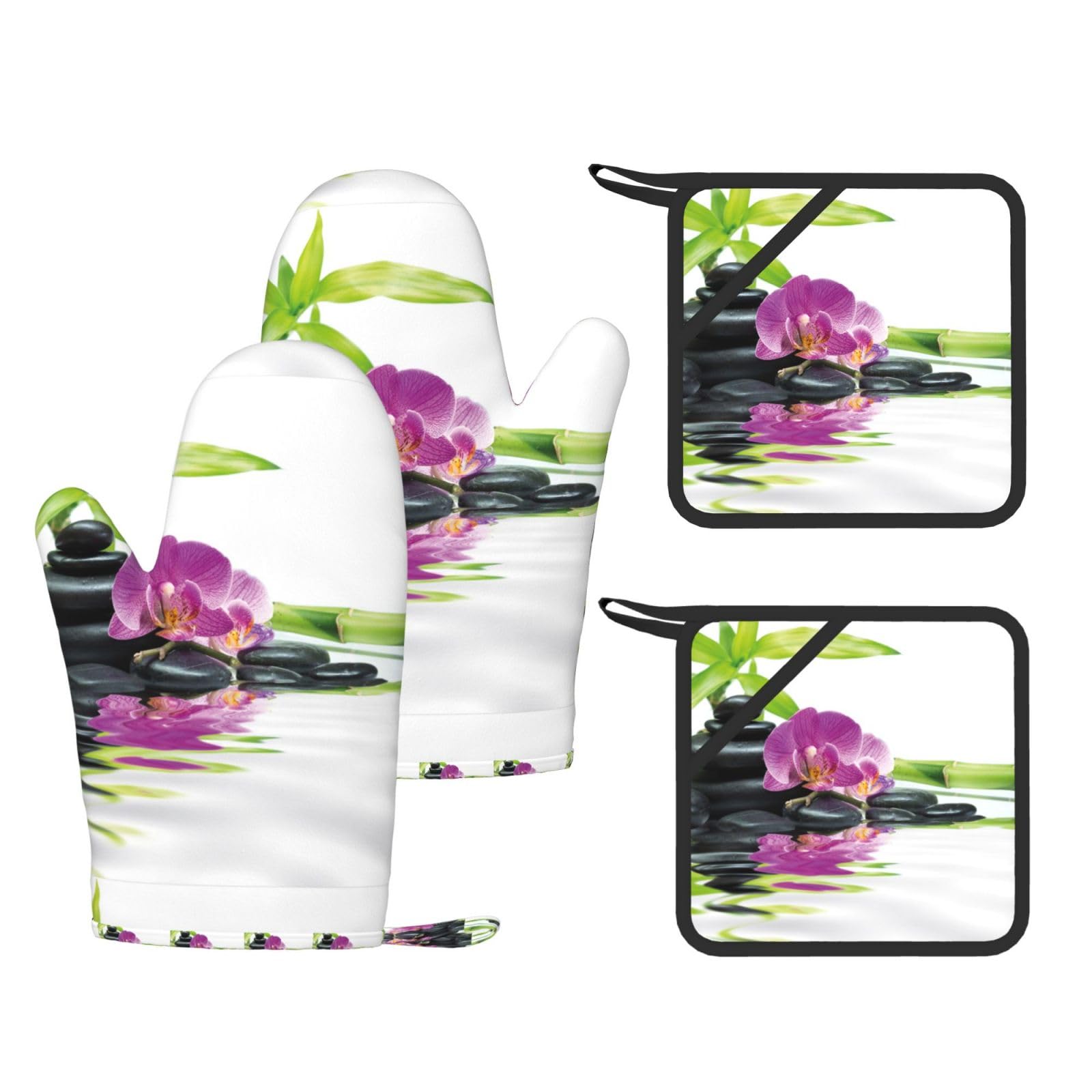 Set di quattro guanti resistenti al calore e presine antiscivolo, guanti da forno, guanti da cucina, benessere asiatico con pietre da massaggio Zen, orchidea viola