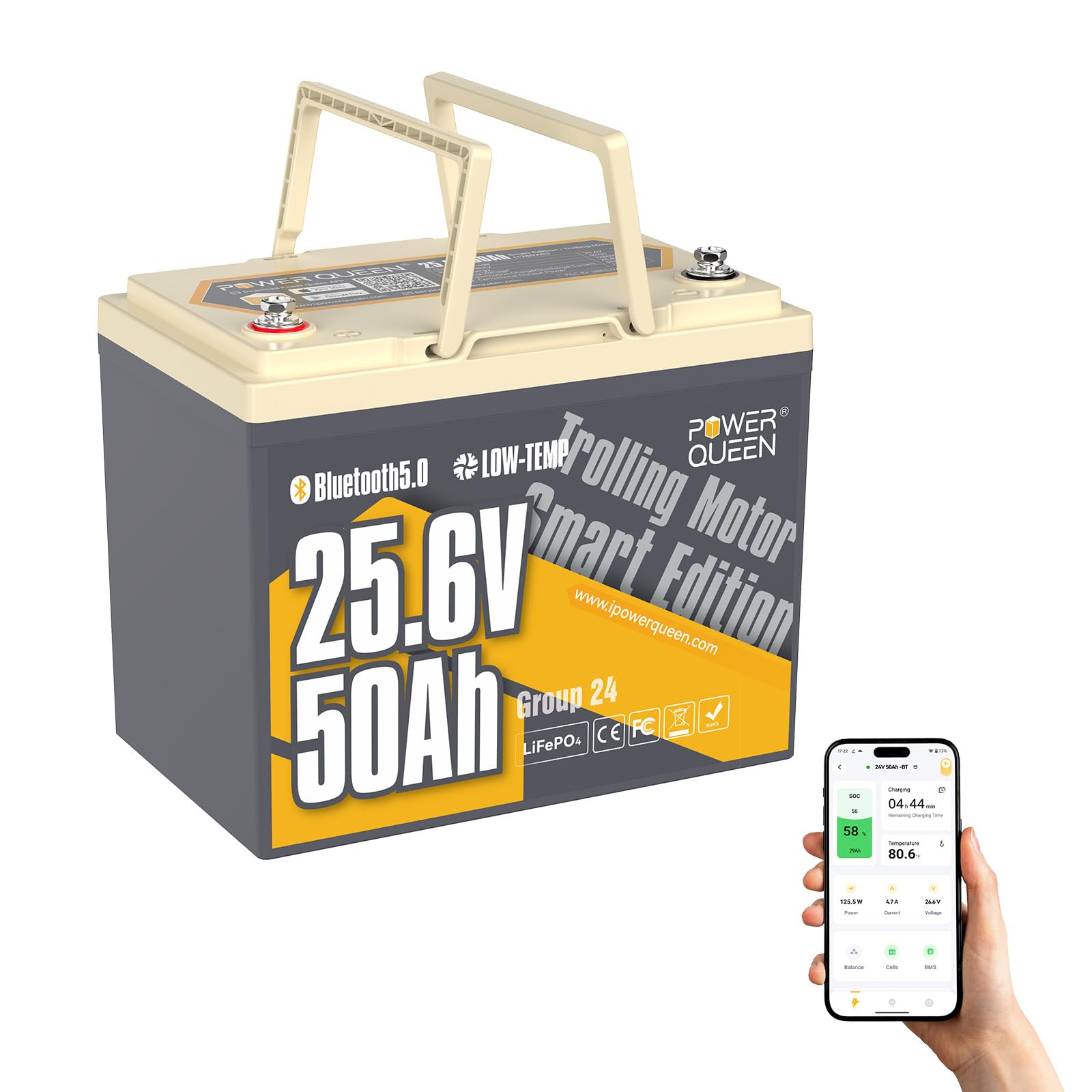 Power Queen 24V 50Ah Batterie Lithium Bluetooth Bateau, Protection Basse Température Batterie LiFePO4 15000+ Cycle Profond, 1280Wh Energie pour 24V Moteur de Bateau Electrique 100LBS Yacht Marine