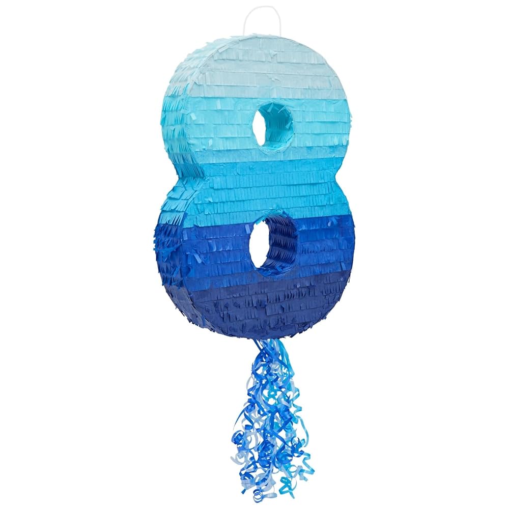 BLUE PANDA Ombre Blue Number 8 Pull String Pinata, Party Game for Kids Ages 3-14, Fillable Hanging Decoration for Birthday Decorations, Holds Candy, Toys & Confetti (16.5 x 11 x 3)
