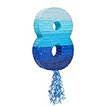 BLUE PANDA Ombre Blue Number 8 Pull String Pinata, Party Game for Kids Ages 3-14, Fillable Hanging Decoration for Birthday Decorations, Holds Candy, Toys & Confetti (16.5 x 11 x 3)