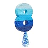 BLUE PANDA Ombre Blue Number 8 Pull String Pinata, Party Game for Kids Ages 3-14, Fillable Hanging Decoration for Birthday Decorations, Holds Candy, Toys & Confetti (16.5 x 11 x 3)