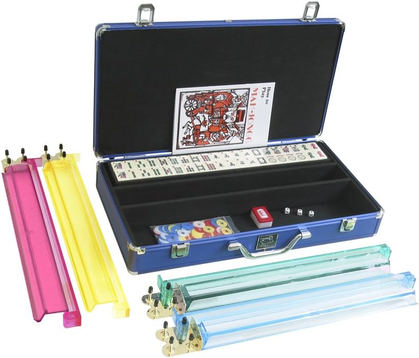Set - 166 Premium Ivory Tiles, Pusher Arms, Aluminum Case - Blue Mahjong