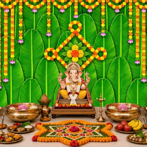 Image of Party Propz Banana Leaf Backdrop for Pooja Decoration-2 Pcs, Ganpati Decoration Setup for Home, Pooja Background Decor, Annaprasana Backdrop, Varalakshmi Decorative Items.