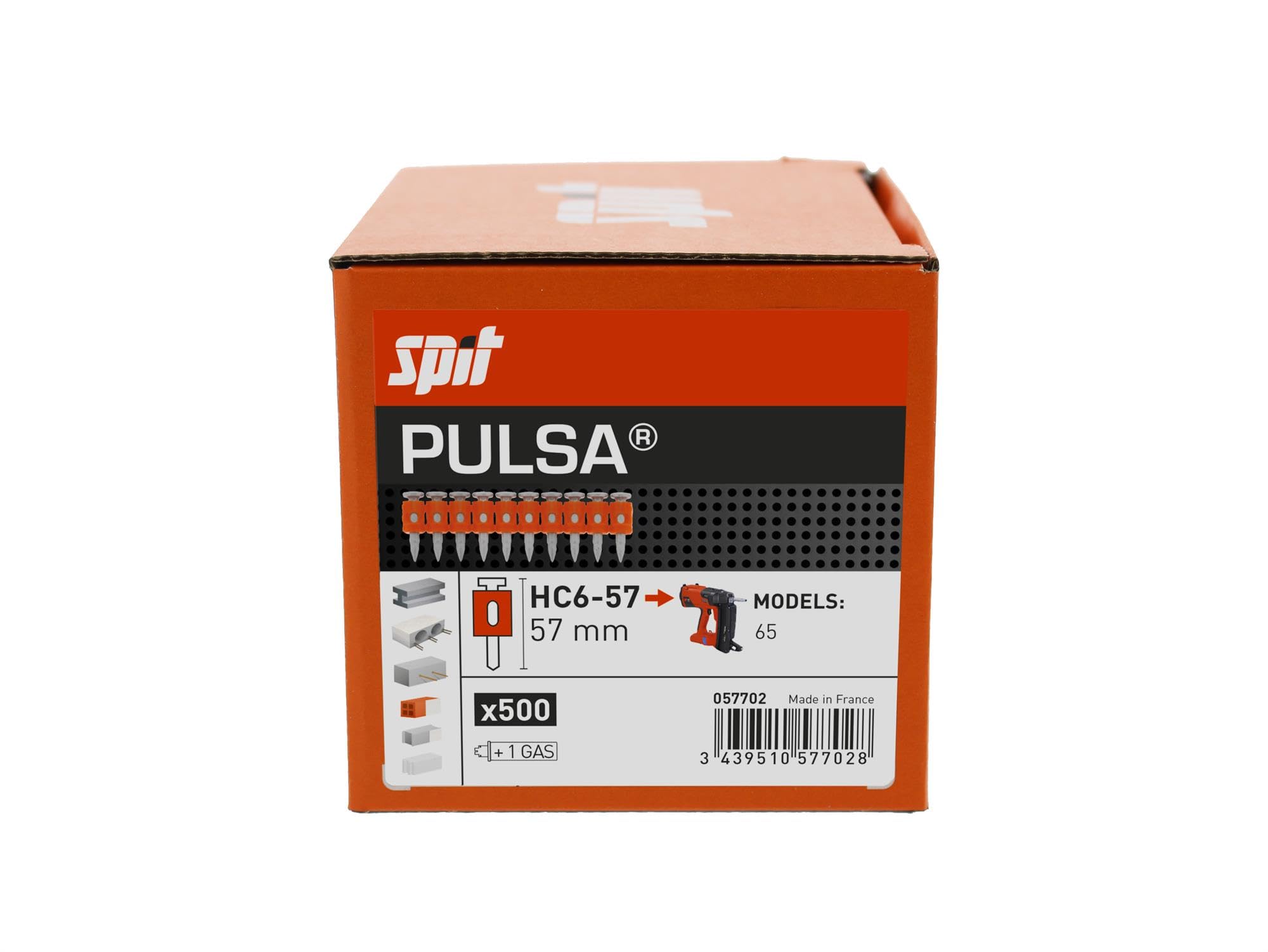 Chiodi ad alte prestazioni per acciaio, calcestruzzo duro e precompresso, confezionati con bombolette di gas, per chiodatrice Spit Pulsa 65 (HC6-57 da 57 mm)