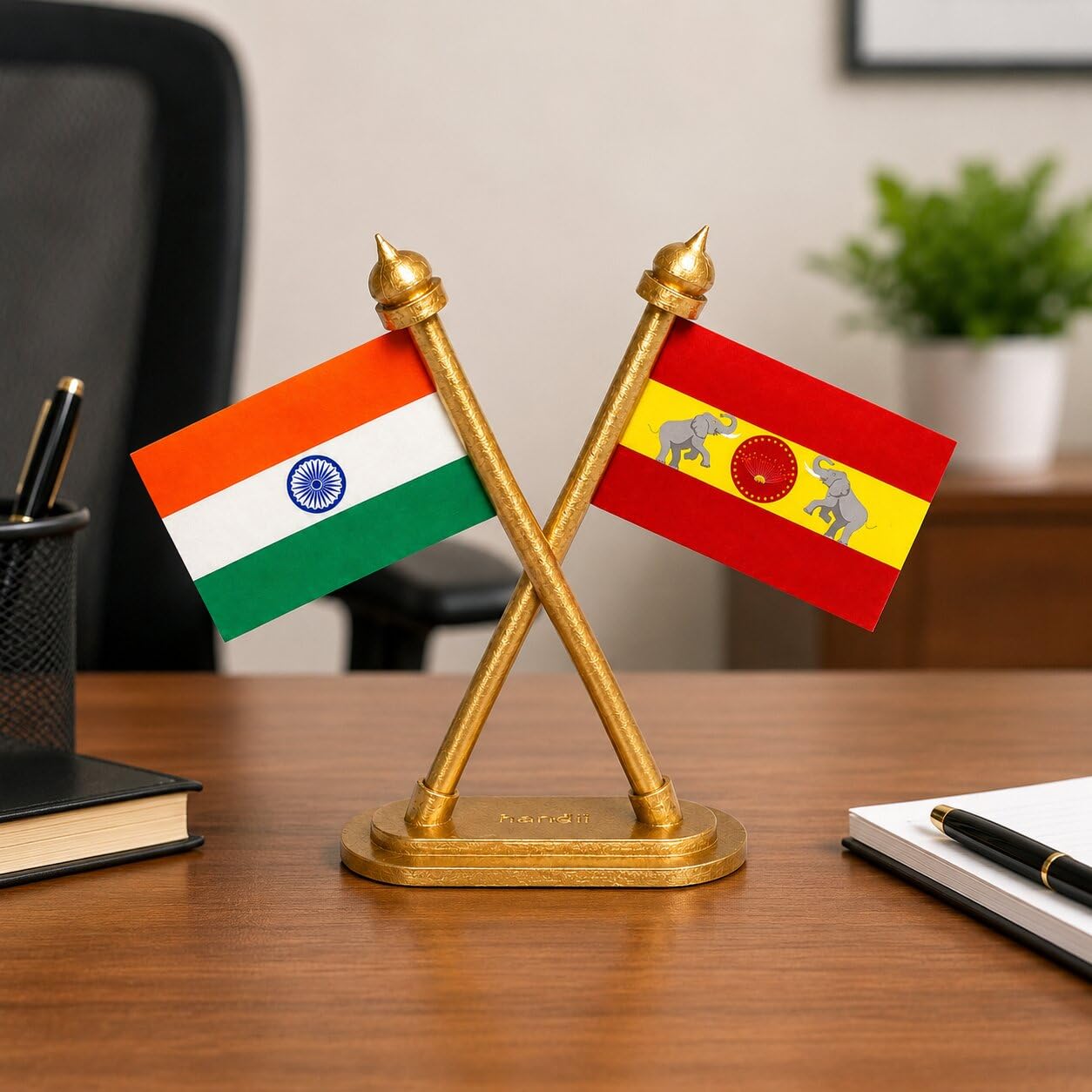TVK Car Dashboard Flag Stand – Premium 3D Gold Painted Twin Flag with HD Printed Thalapathi Vijay & TVK Flags for Car, Office Table & Home Decor (TVK & IND)-image-44