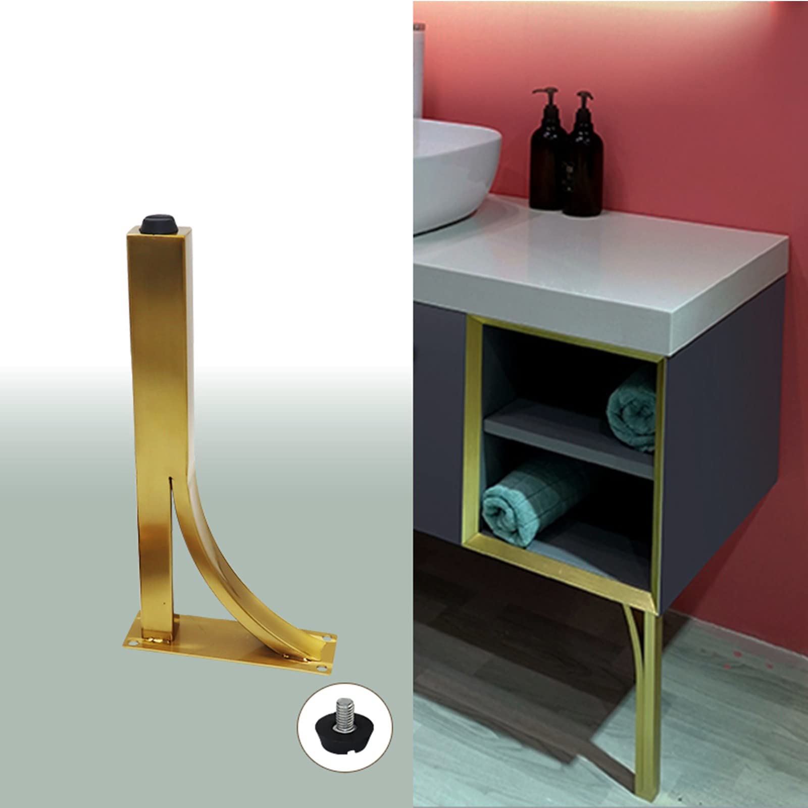 Patas ajustables de acero inoxidable para gabinete, paquete de 4 patas de metal para muebles de baño, soporte de TV y mesas, soporte dorado para cajones (altura: 20 cm)