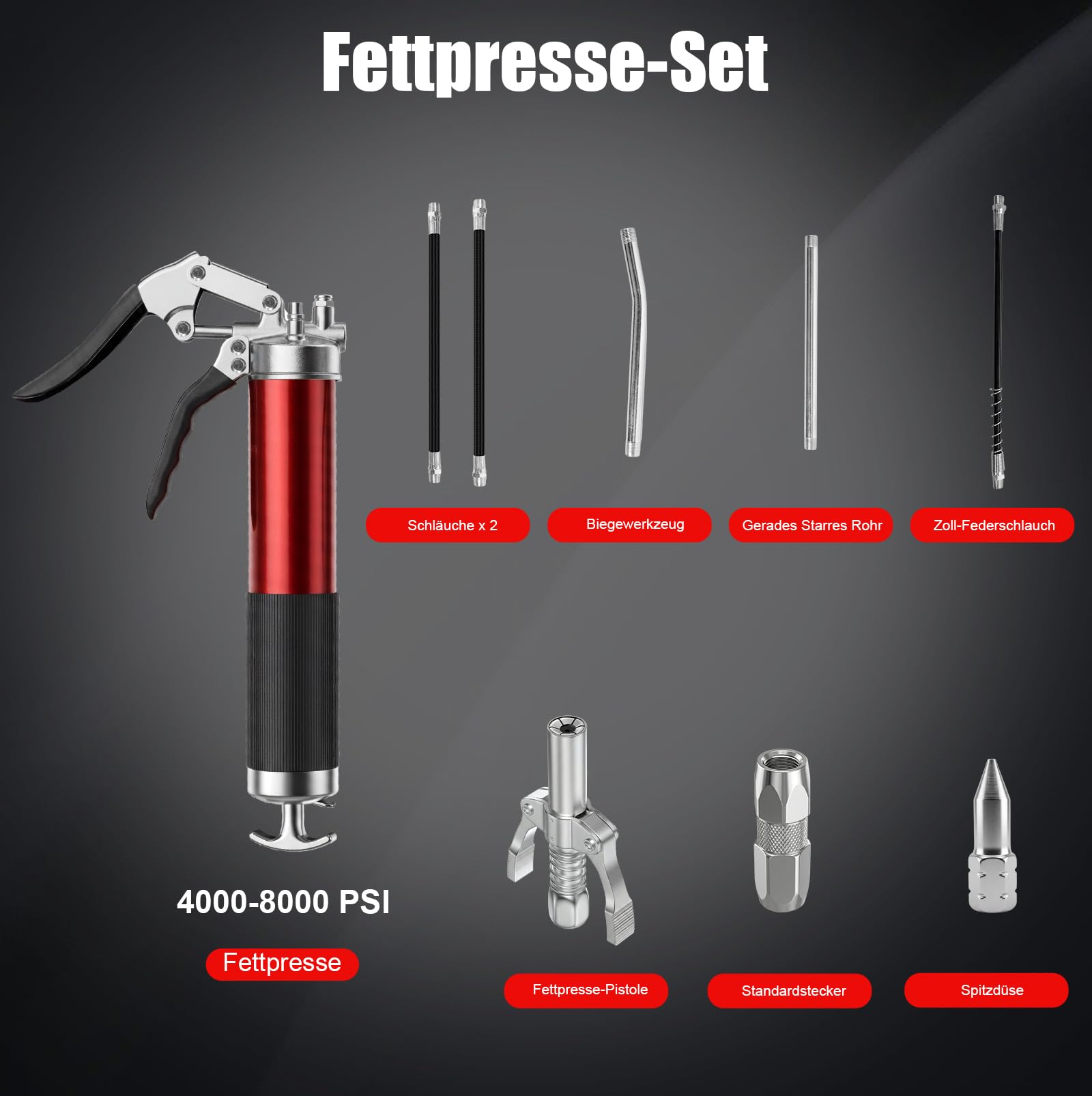 Fettpresse 8000 PSI für 400g Kartusche, Einhand Hochleistungs-Fettpresse Set mit Schnellkupplung, 18" Flexschlauch, 6" Metall-Verlängerungsrohr und 2 Düsen für Schmiernippel