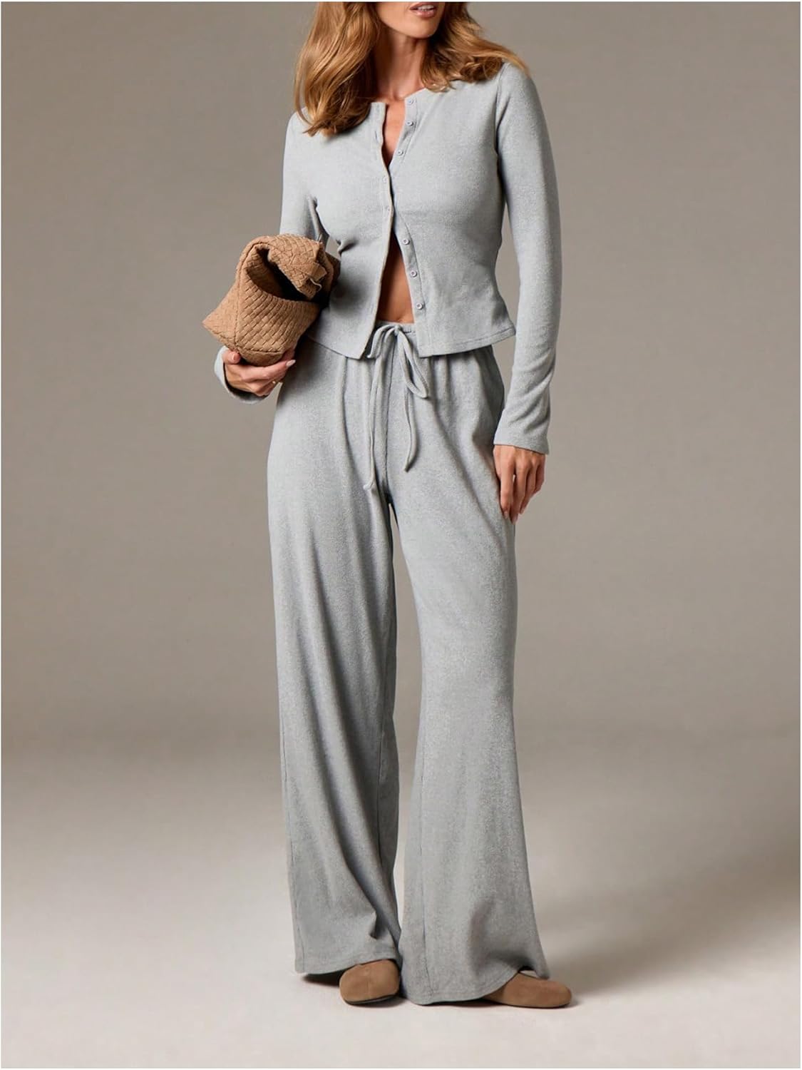 Milumia Women's 2 Piece Outfits Ribbed Long Sleeve Button Up Cardigan and Wide Leg Pants Lounge Sets - Image 5