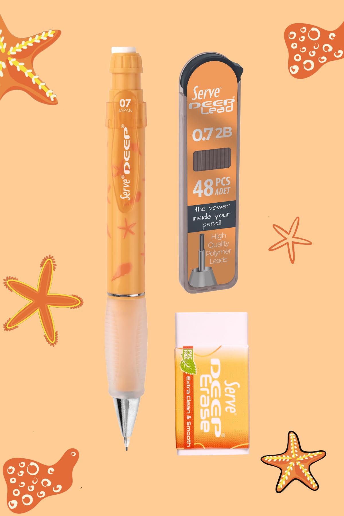 Serve Doğa Desenli Deep Kalem, Deep Silgi ve Deep Min, 0.7 mm, Hardal Sarısı
