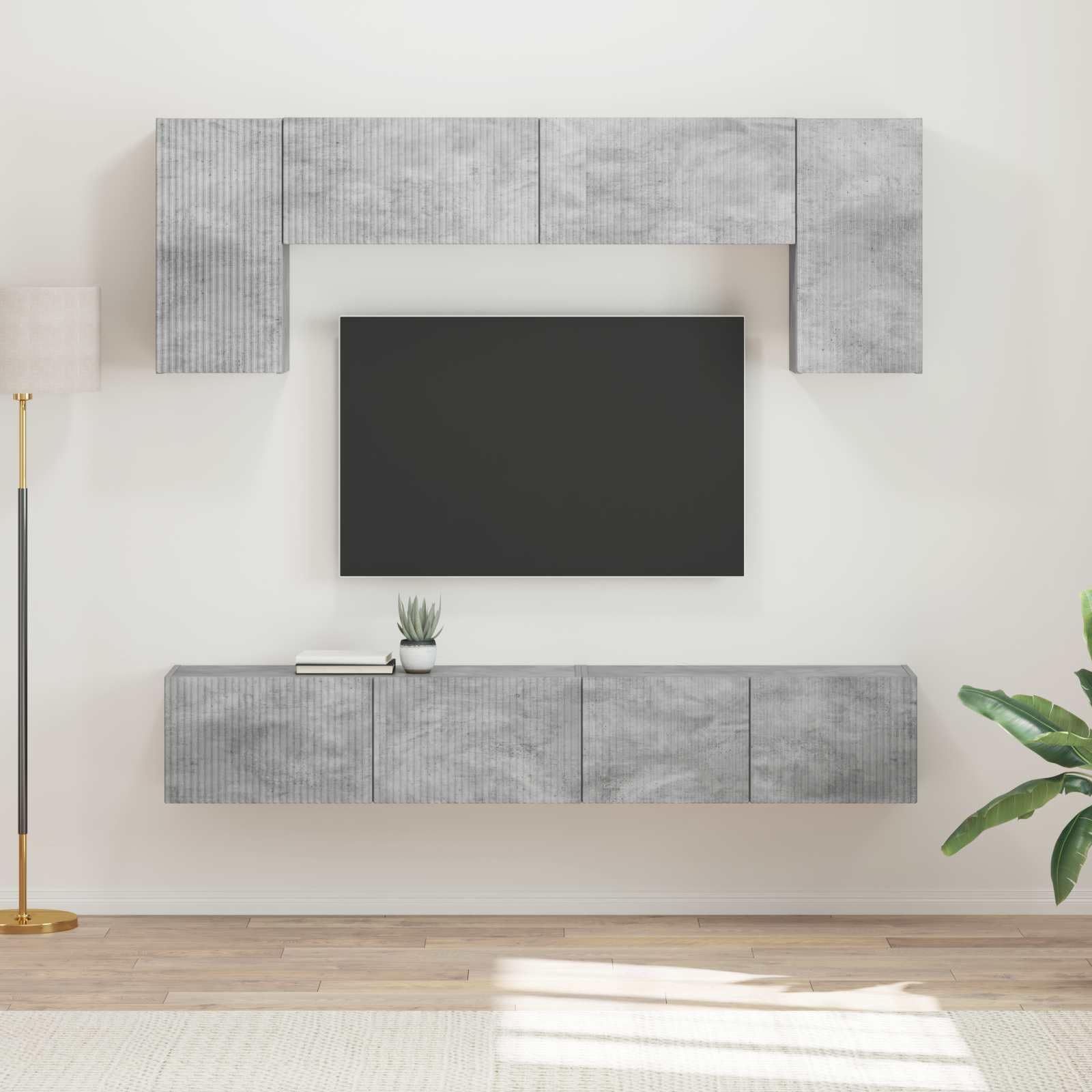 Ensemble Meuble TV 4 pièces Gris béton en Bois d'ingénierie, Montage Mural avec étagères, tiroirs et Portes, Rangement pour Salon séjour multimédia, Console et Support Audio vidéo
