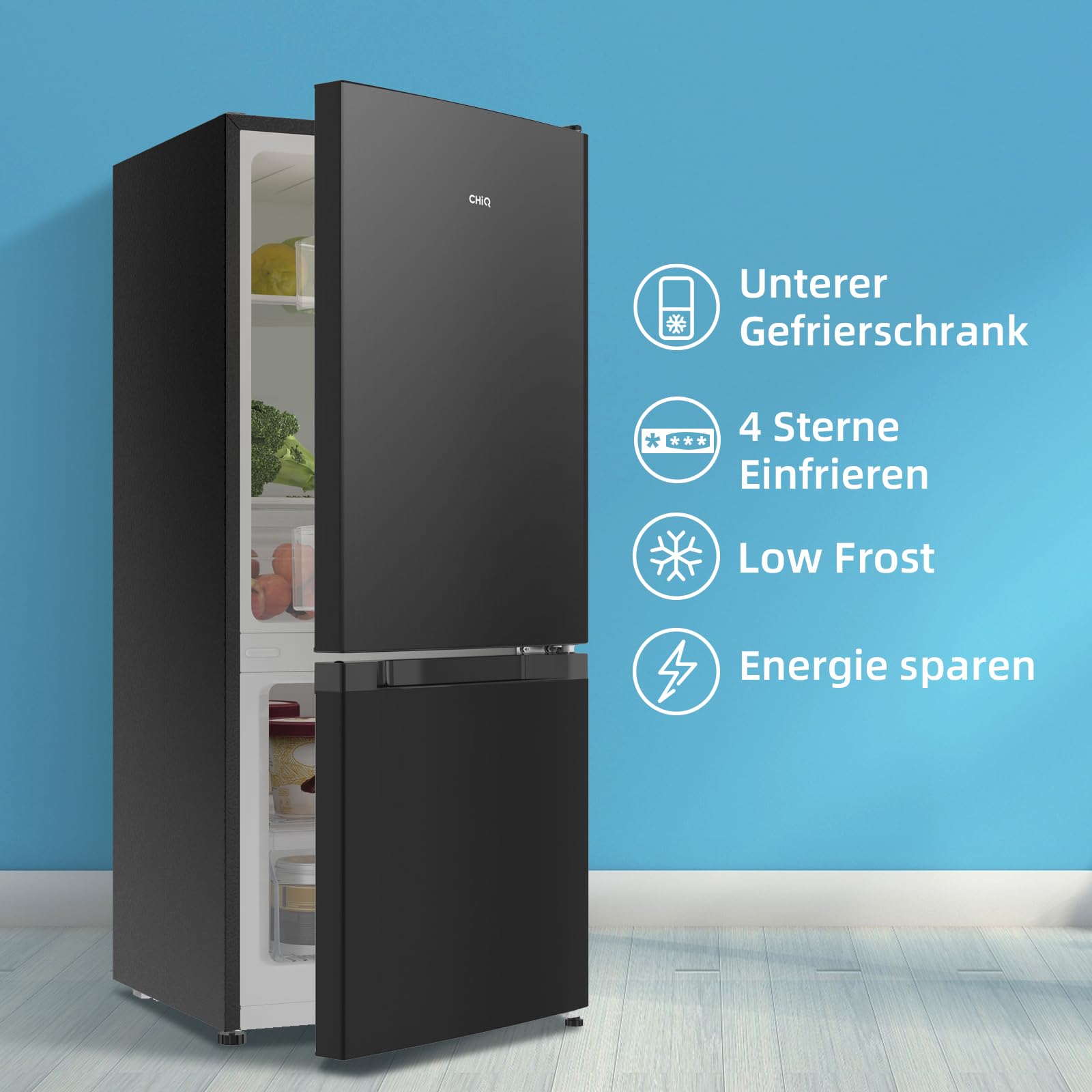 CHIQ Freistehender Kühlschrank mit Gefrierfach Kühl-Gefrierkombination 114 cm 47 cm 117L 4 Sterne -24℃ LED Dunkler Edelstahl