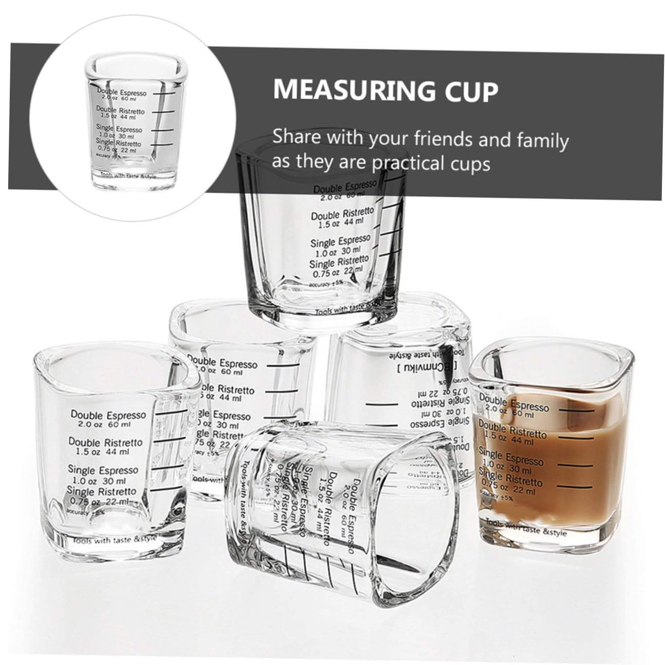 FOMIYES 6 Stück Espressotassen 60 Ml aus Borosilikatglas mit Skala Messbecher für Kaffee Tee Milch Hitzebeständig Kreatives Design für Haushalt und Schule
