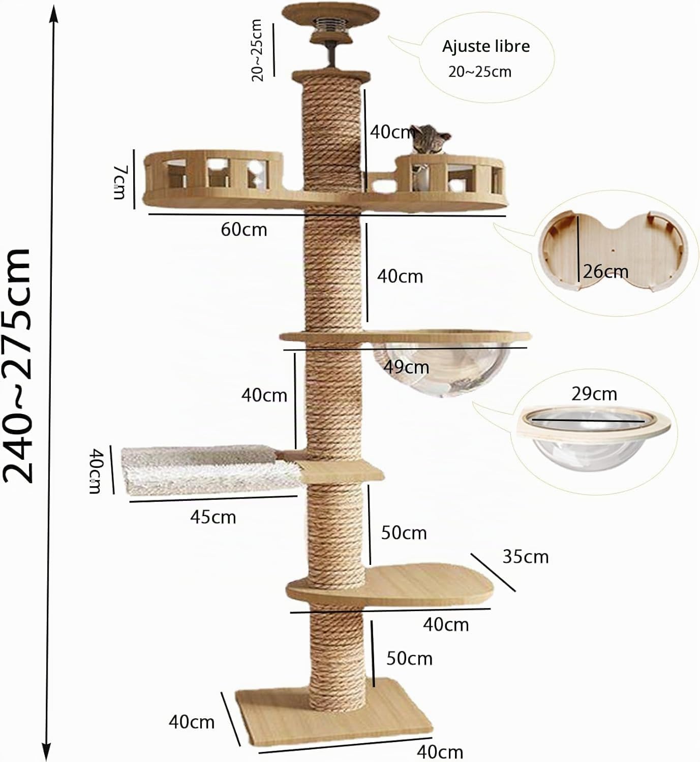 Rascador de Suelo a Techo, Altura Ajustable, 240 – 250 cm, 265 – 275 cm, Ancho 11 cm, Hamaca para Gatos, Totalmente Envuelta en Cuerda de sisal