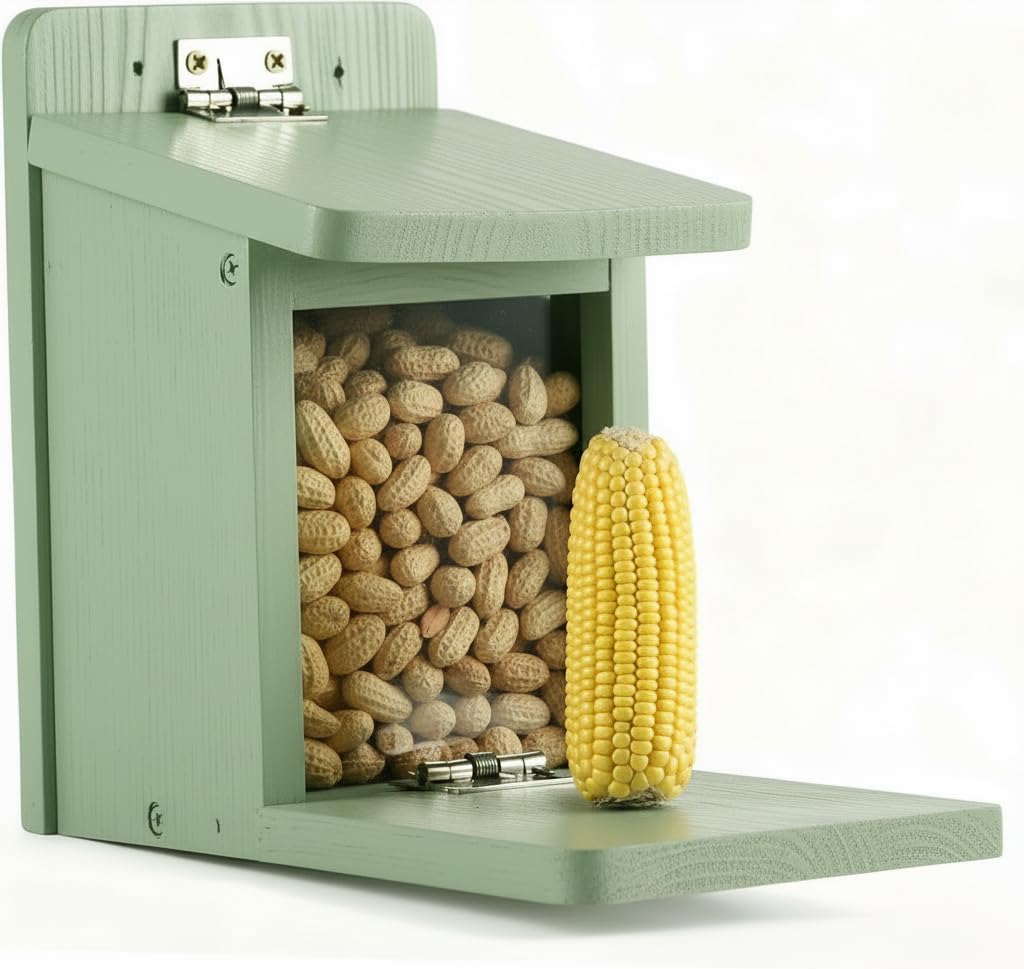 Premium Wooden Squirrel Feeder Box, Sturdy Squirrel Feeding House with Thickness 1.5CM Wood, No Assembly Required, for Backyard Outside Garden (Green)