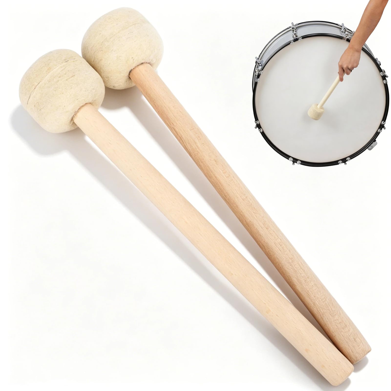Tomotato Light 2 Pcs Drum Mallet, Wooden Wool Felt Drum Stick Mallets Bass Drum Stick Drum Gong Mallet For Percussion Instrument Band Accessory