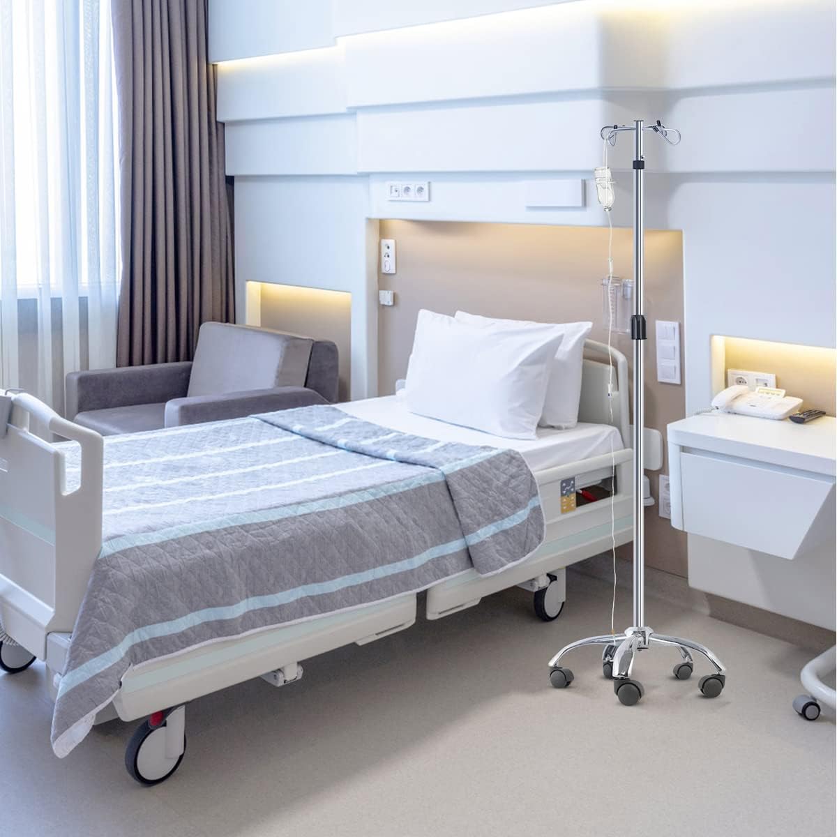 Aste Portaflebo, Aste Mediche Portaflebo,Asta Per Flebo,Asta Flebo, con 4 Ganci in Acciaio 5 Ruote con freno, 304 Acciaio Inossidabile, Resistente