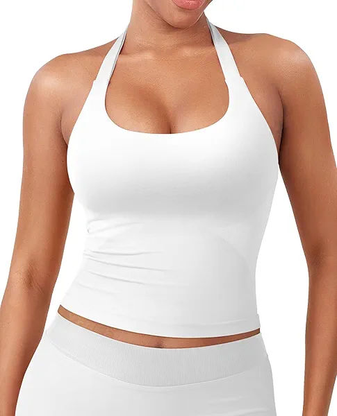 YEOREO SoftHue Women's Impact Halter Tank Top Longline Backless Scoop Neck Built-in Bra Sports Workout Gym Crop Top