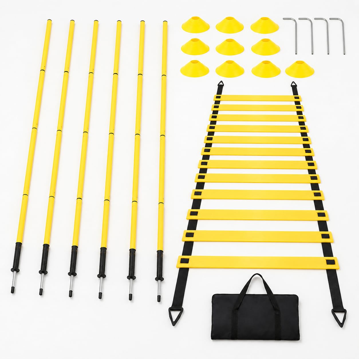 Koordinationsleiter für Fußball Training mit 6m Trainingsleiter und 10 Hütchen, 1.6m Pfählen aus PVC, Fußball Trainingsset Koordinationsleiter
