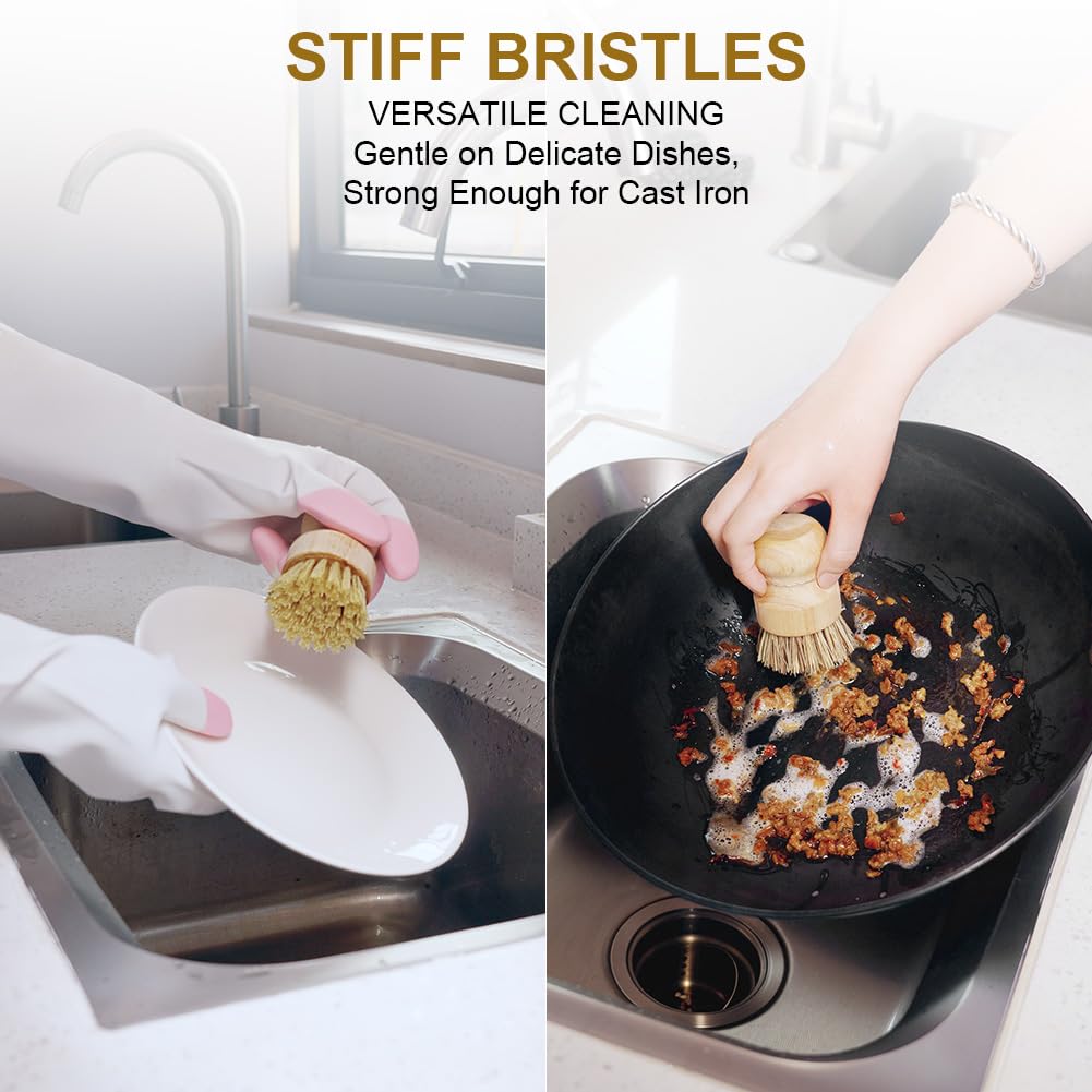 Set di spazzole in bambù per piatti, pentole e padelle, spazzola da cucina in legno con palma, spazzole per piatti con bolle, spazzola per la pulizia naturale per lavare piatti, padelle in