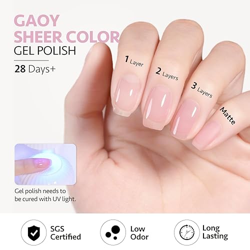 Miniatura 6 de GAOY Jelly Nude - Esmalte de uñas en gel, 0.6 onzas líquidas, esmalte de gel translúcido de cristal rosa transparente, curado con luz UV para arte