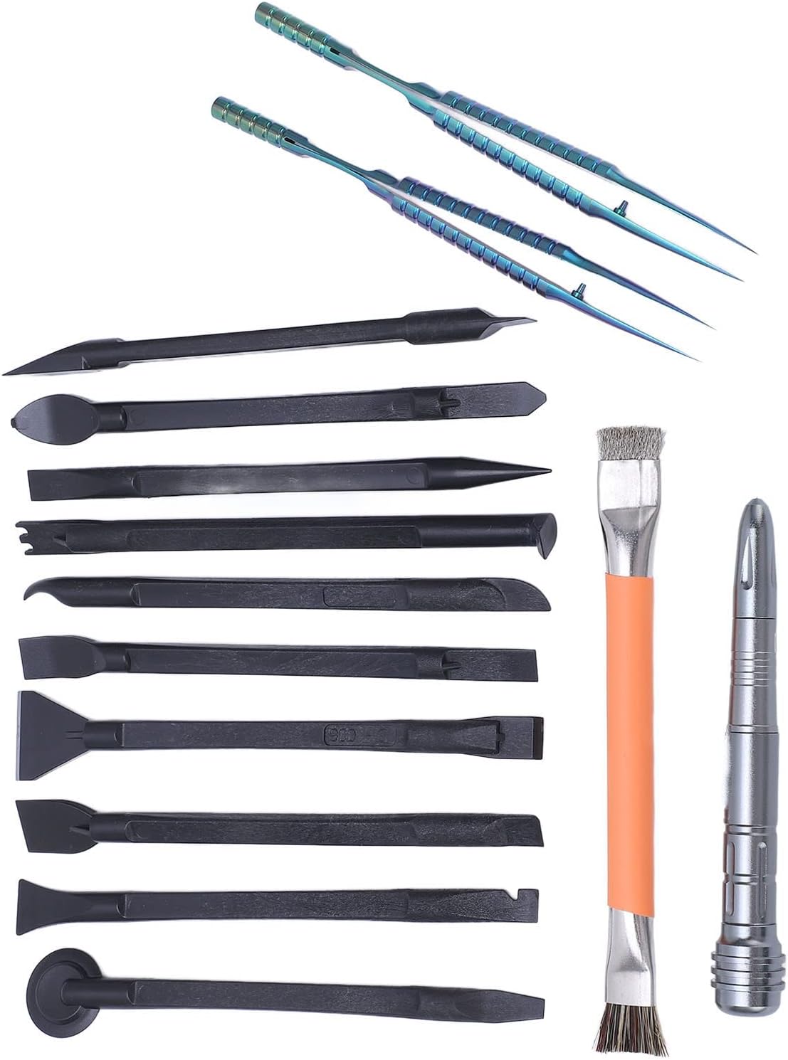14 Piece Electronics Maintenance Tool Set with 10 Spudgers Screen Breaker Brush Straight and Bend Tweezers Compatible with iOS OS X Laptop and Mobile Phone PCB Solder Repair