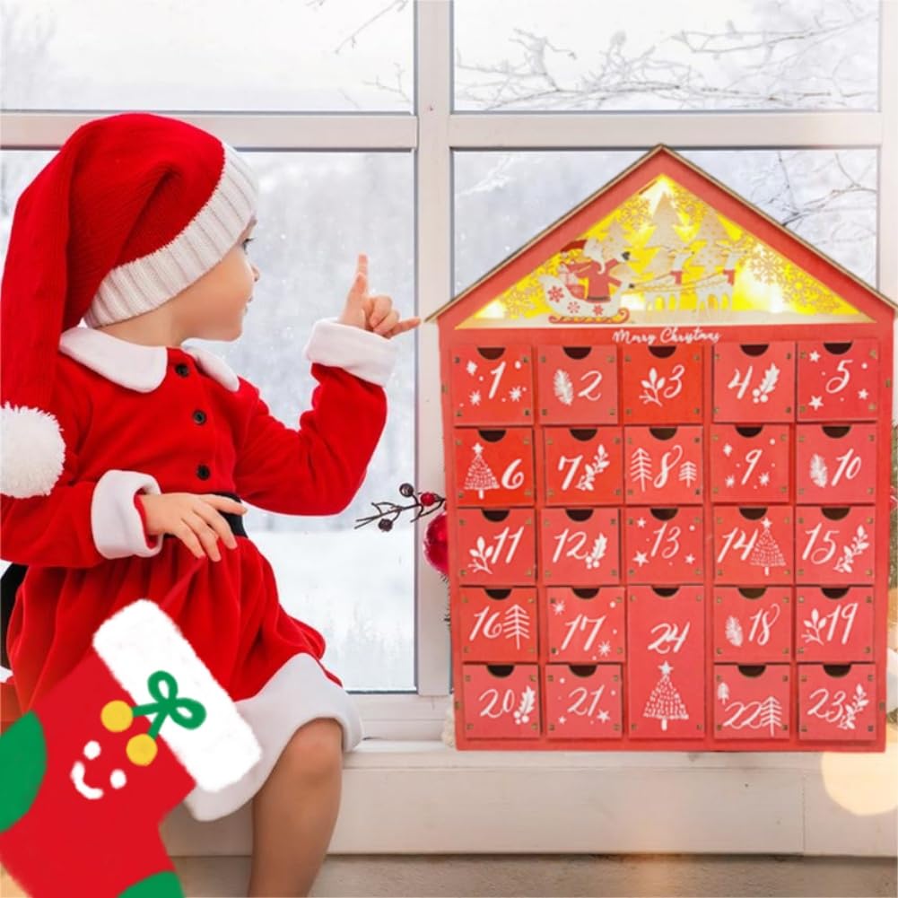 Calendario de Adviento LED de Navidad con 24 cajones de almacenamiento, calendario de Adviento de madera decorado con casa de árbol de Navidad, calendario de cuenta regresiva de Navidad reutilizable,