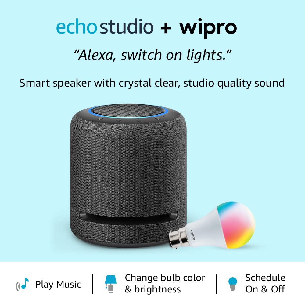 Amazon Echo Studio (Black) Smart Home combo with Wipro 12W LED Smart Color Bulb