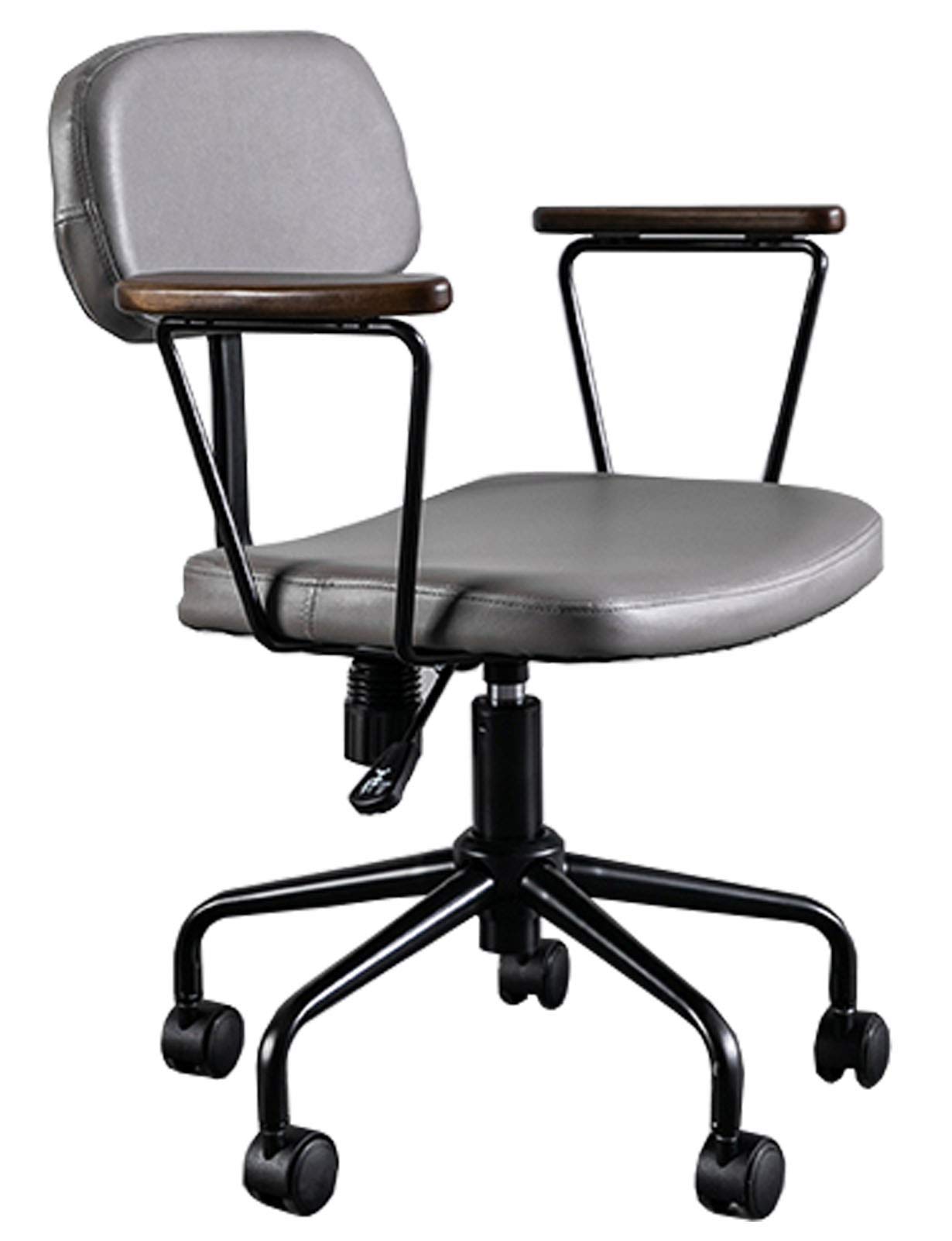 Tabouret de chaise de bureau pivotant en cuir et bois noble vintage