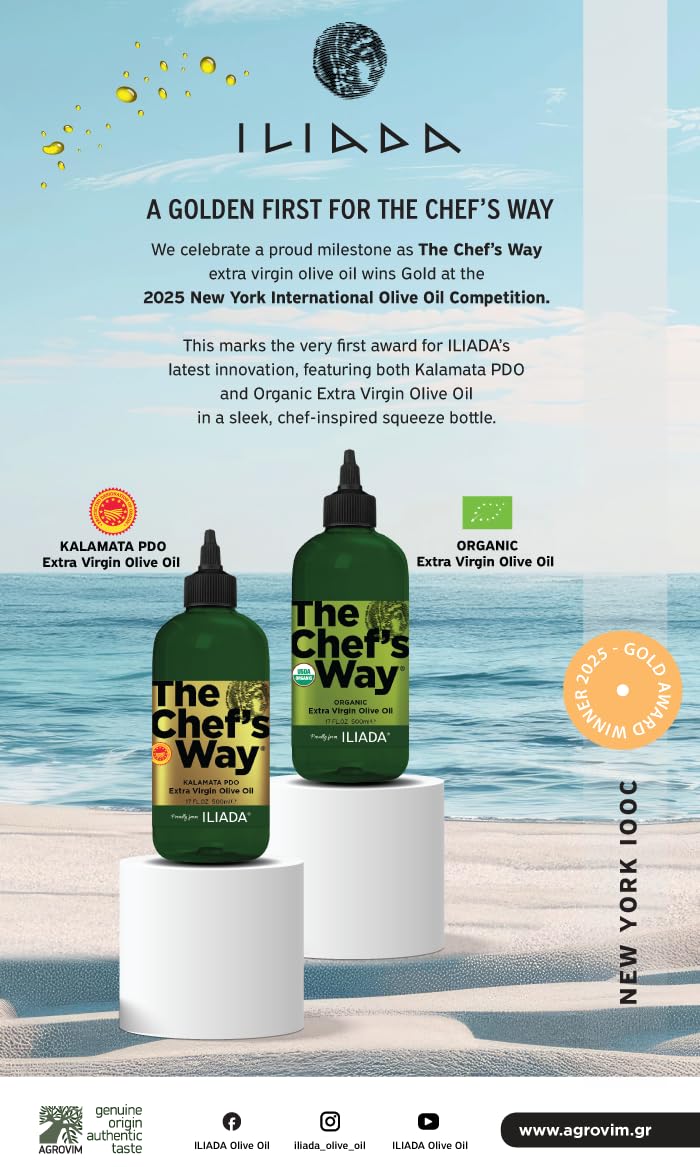 ILIADA The Chef’s Way Kalamata PDO Extra Virgin Olive Oil Twin Pack (2x500ml) | Precision Squeeze Bottle | Multi-Award-Winning | 100% Greek | Single Region | Monovarietal Koroneiki | Cold-Pressed | Polyphenol-Rich | Chef’s Favorite
