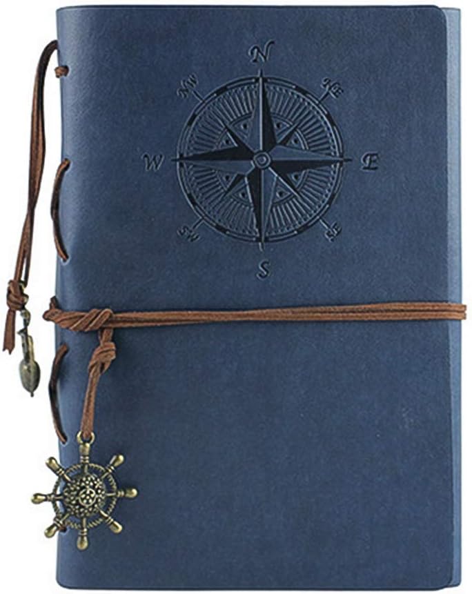 Leather Writing Journal Notebook, Vintage Nautical Spiral Notebook Refillable Diary Sketchbook Travel Journals to Write in with Blank Pages and Retro Pendants (Deep Blue)