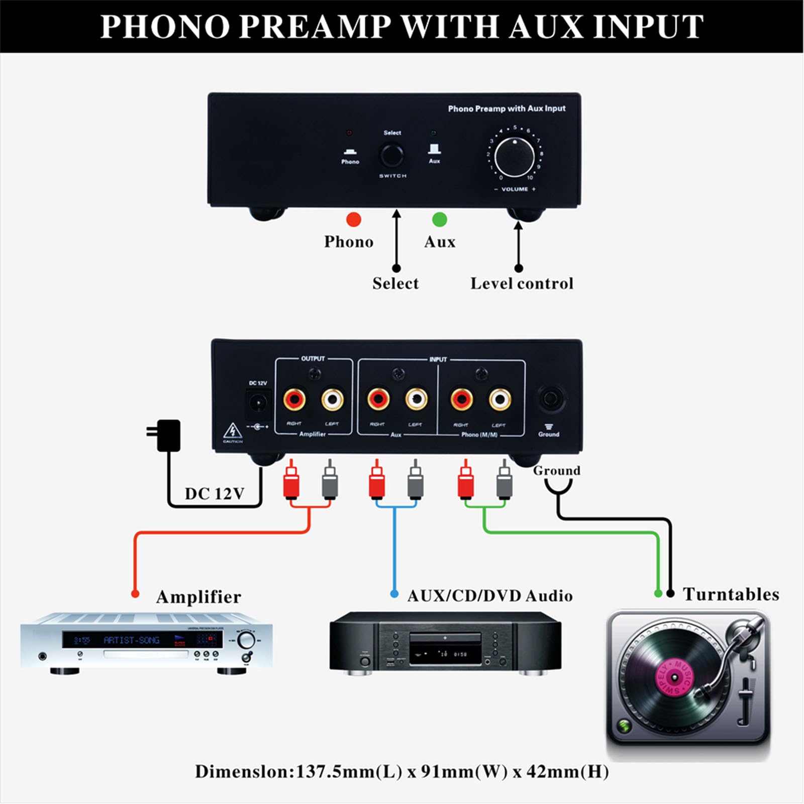 Preamplificatore Giradischi Phono, preamplificatori Audio per Giradischi, con Ingresso/Uscita RCA, Volume Regolabile, Basso Rumore, per Giradischi, Audio Domestico