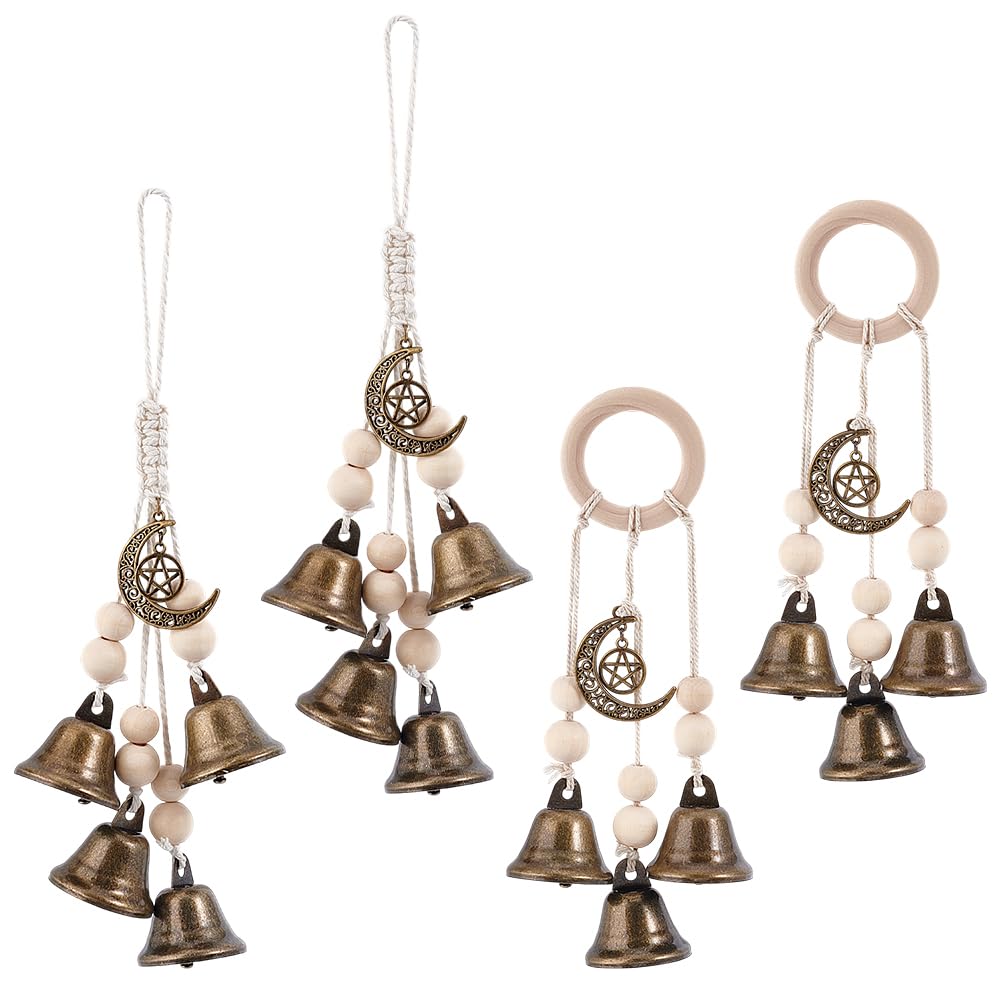 GOAMKERER 4 Pcs 2 Styles Witch Bells for Door Knob Witchcraft Bells Door Knob Hanger Witch Bell Wind Chimes Hanging Bells with Rope for Witchy Room Home Decor Witchy Gifts