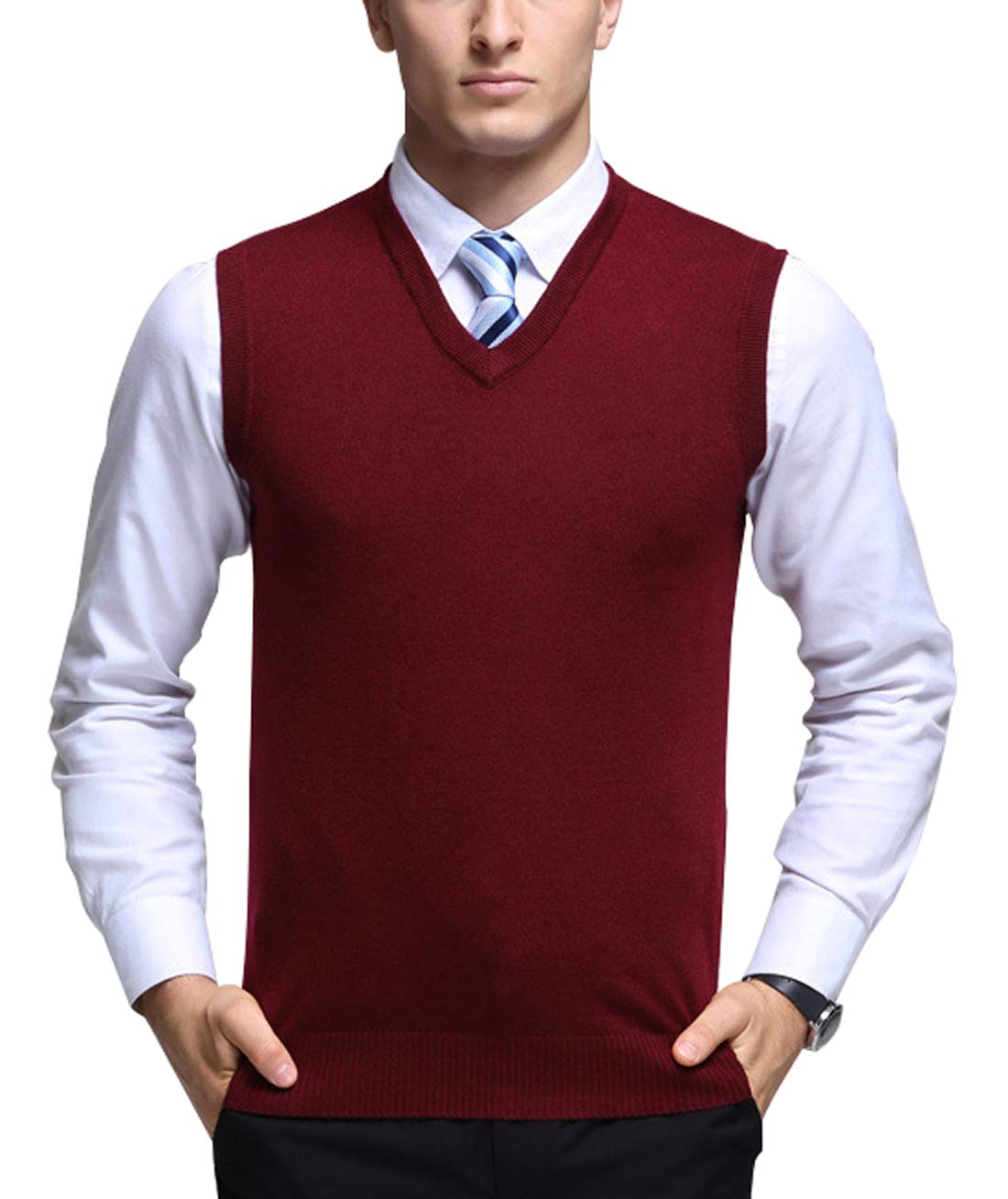 chroes Men's Solid Classic Sleeveless V-Neck Knitted Pullover Layer Sweater Vest Wine Red-picture-31