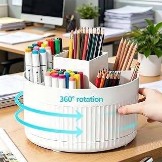 360° Rotating Desk Organizer with Large Capacity 5-Compartment | Pen Holder, Portable, Suitable for Pens, Pencils, Rulers, Minimalist Rotating Desktop Caddy for Office, Bedroom