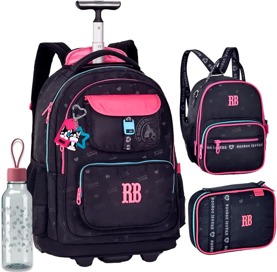 Kit Mochila Rodinhas Rebecca Bonbon RB 26222 Preta com Lancheira, Estojo Box e Garrafinha coleção 2026