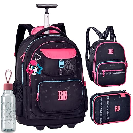 Kit Mochila Rodinhas Rebecca Bonbon RB 26222 Preta com Lancheira, Estojo Box e Garrafinha coleção 2026