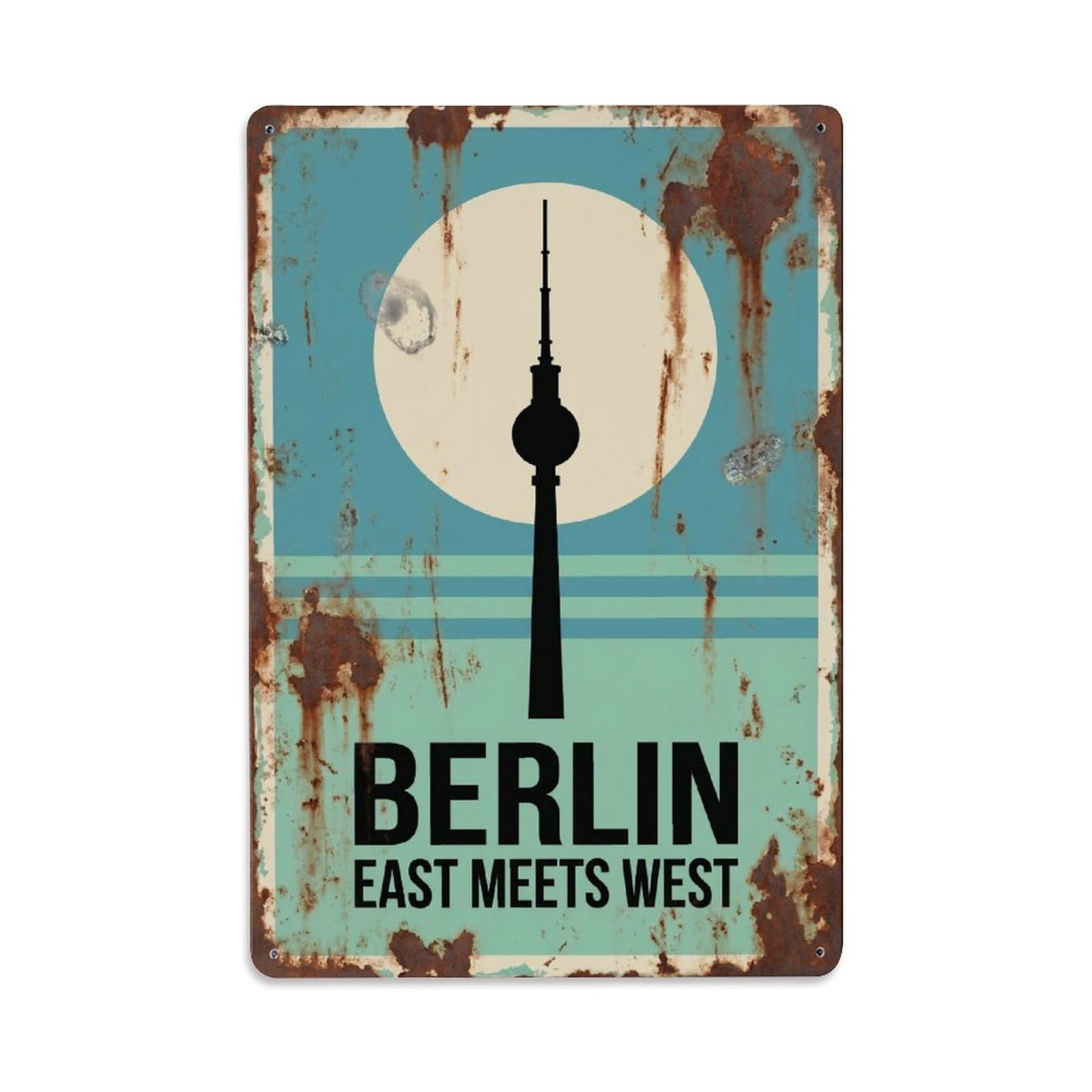 Berlin East West Tower Germany Vintage Travel Metal Tin Sign Plaque Wall Decor for Cafe, Man Cave, Club Bar, Office, Home Garden Round Metal Poster 8x12Inch