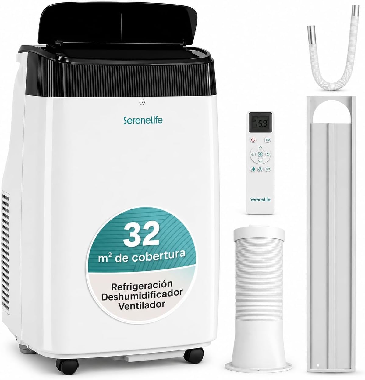 Serenelife SLPAC7EU - Aire acondicionado portátil 3 en 1, deshumidificador integrado, ventilador, mando a distancia, kit de salida de ventana, 7,000 BTU, clase A, 2,4 kg, 57 dB, blanco