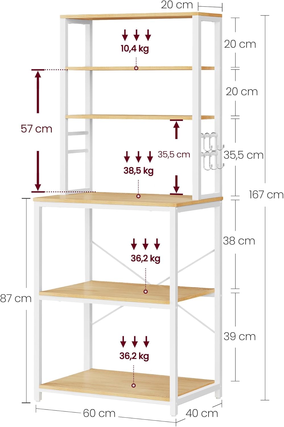 Detailed diagram of the VASAGLE KKS024W09 Kitchen Shelf with all dimensions and weight capacities labeled.
