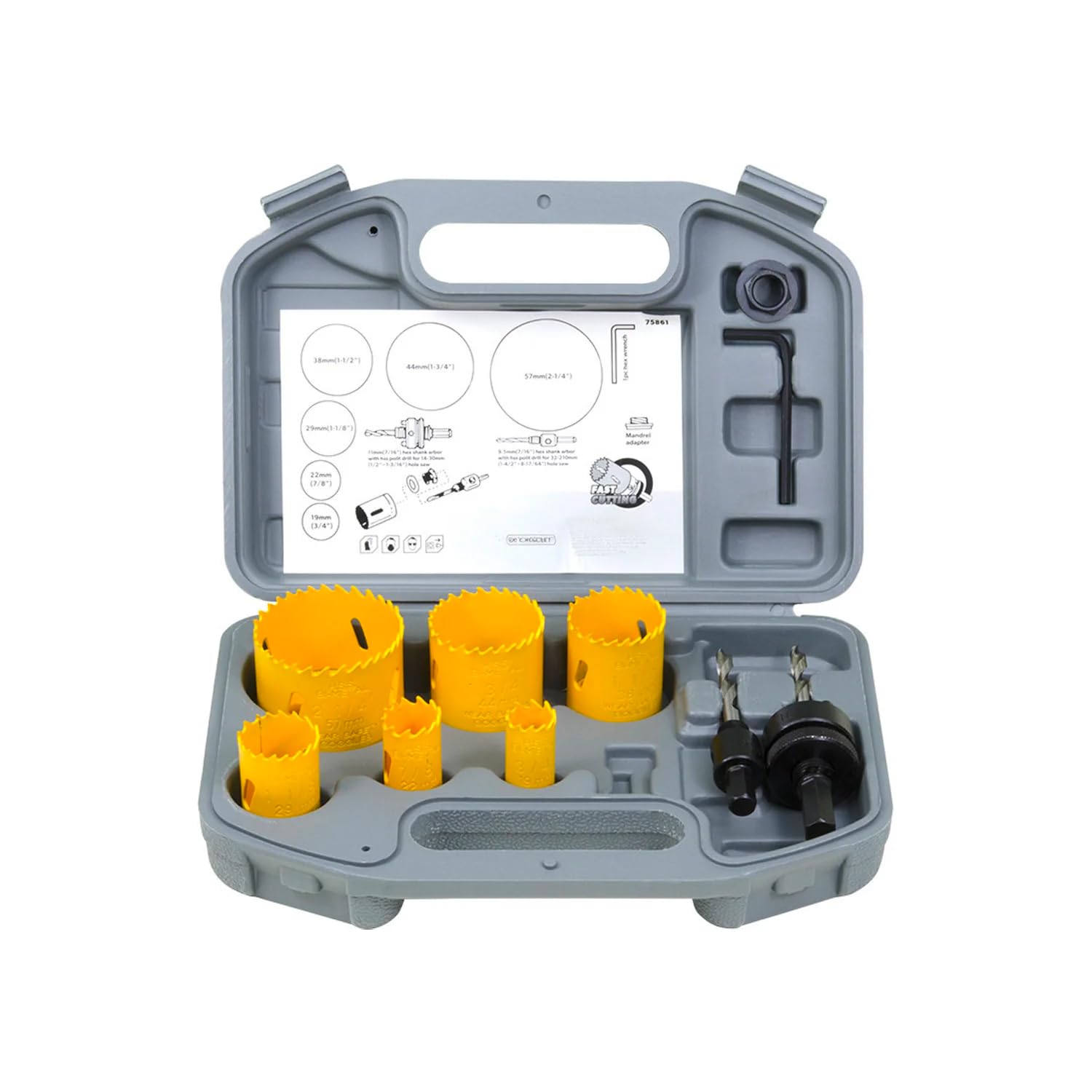 Avilia Set Valigetta con 9 Frese a Tazza Bimetalliche per Foratura di Superfici in Metallo, Legno e Plastica - Seghe a Tazza da 19-22-29-38-44-57mm