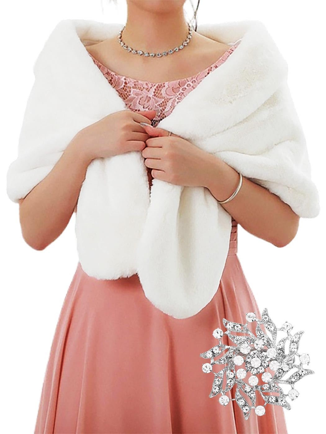 Women's Wedding Faux Fur Shawls and Wraps Bridal Fur Scarf Stoles with Brooch for Bride and Bridesmaids