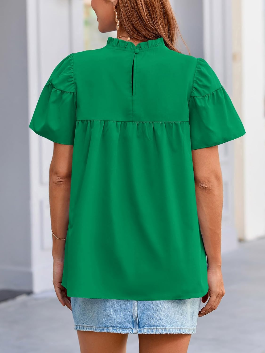 Tankaneo Womens Ruffle Short Sleeve Babydoll Tops Peplum Mock Neck Blouse Casual Loose Fit Pleated Tunic Shirts - Image 5