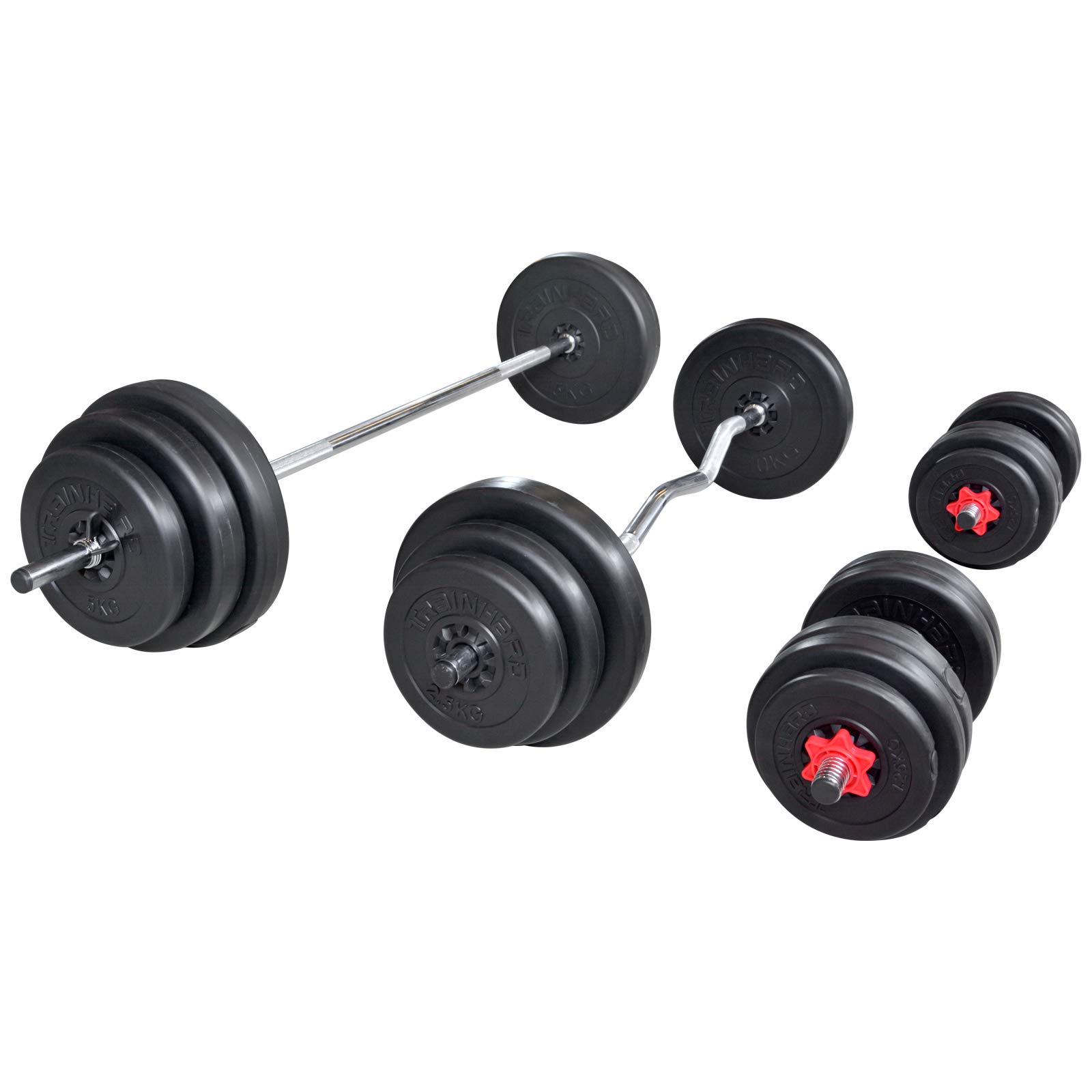 TrainHard Multi ławeczka do podnoszenia ciężarów Blackcombo składana z sztangą długą, łamaną i krótką oraz talerzami do sztangi 90 kg