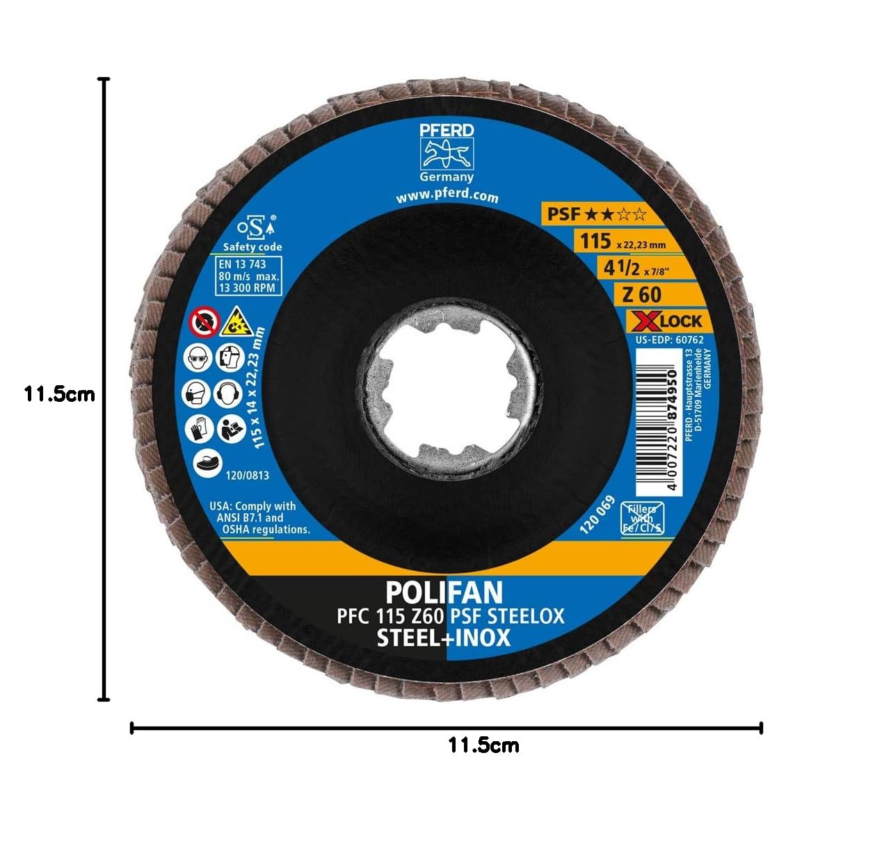 PFERD Lot de 10 disques à lamelles Polifan - 115 mm - Z60 - X-LOCK (22,23 mm) - PSF STEELOX - Pour une grande économie grâce à un usinage agressif avec une bonne durée de vie